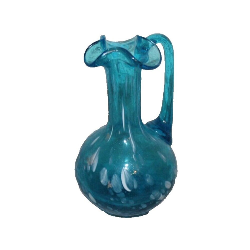 VTG MCM Hand Blown Art Glass Small Pitcher or Vase Teal Blue White Spatter 4.5in